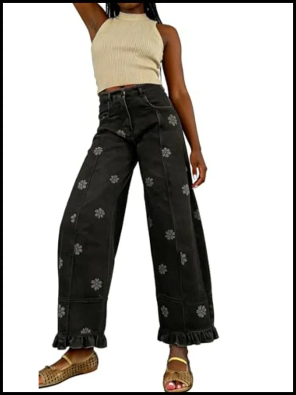 Floral Print Wide Leg Barrel Jeans for Women Y2k Patchwork Baggy Denim Pants
